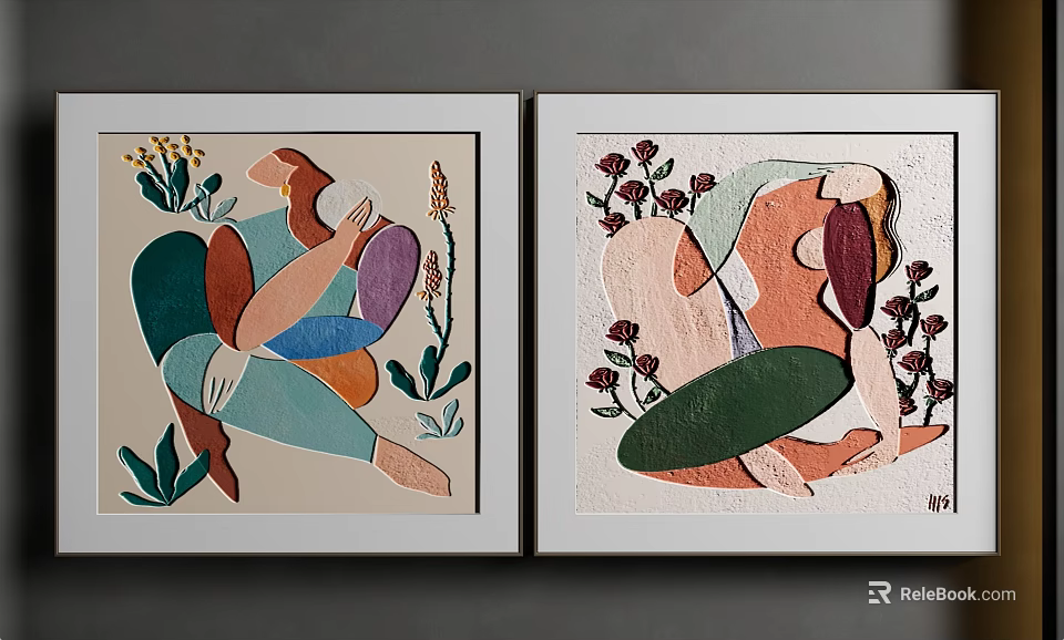 Two Panel Abstract Paintings Featuring Colorful Framed Floral Elements And Human Figures 3d model