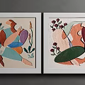 Two Panel Abstract Paintings Featuring Colorful Framed Floral Elements And Human Figures 3d model