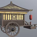 Traditional Oriental Carriage with Decorated Roof Red Lanterns Wooden Wheels and Ornate Design