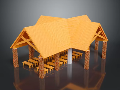 Traditional Pavilion With Yellow Roof Red Brick Pillars And Wooden Benches 3d model