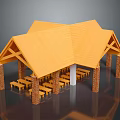 Traditional Pavilion With Yellow Roof Red Brick Pillars And Wooden Benches
