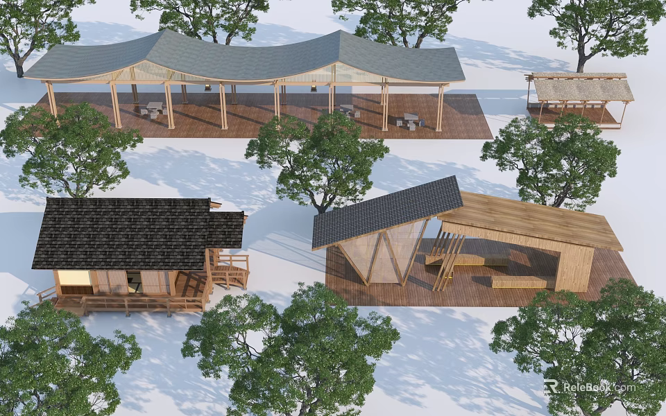 Different Wooden Pergola Designs With Sloped Roofs And Garden Trees 3d model 
