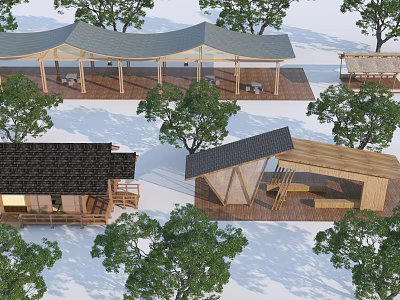 Different Wooden Pergola Designs With Sloped Roofs And Garden Trees 3d model
