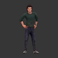 Man in Green Long Sleeve Shirt Blue Jeans with Hands on Hips Front Back View