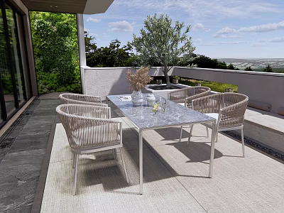 Outdoor Patio Rattan Table And Chairs Set With Marble Tabletop Green Plants And Scenic View 3d model