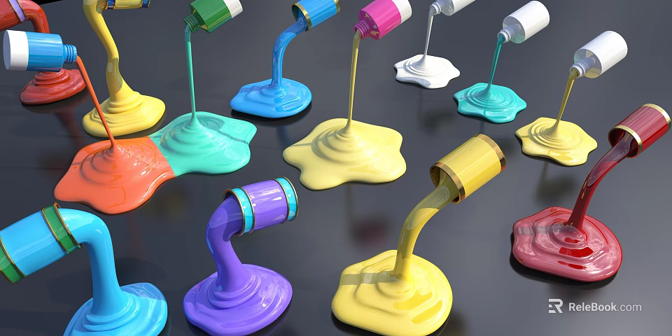 Various Colorful Paint Bottles Pouring Vibrant Liquid Pigment On Black Surface 3d model 