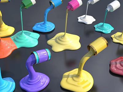 Various Colorful Paint Bottles Pouring Vibrant Liquid Pigment On Black Surface 3d model