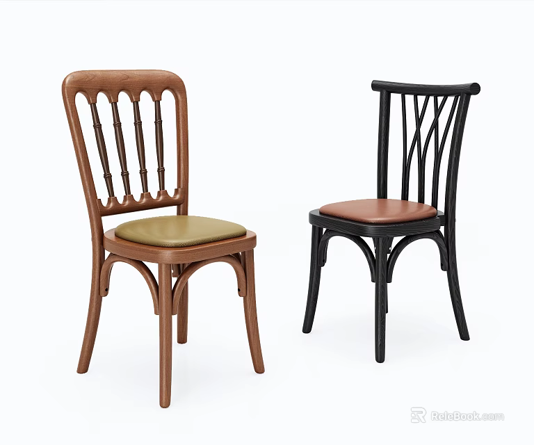 Two Stylish Dining Chairs With Brown Black Wooden Frames And Green Brown Seats 3d model 