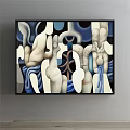 Abstract Painting Featuring Geometric Architectural Shapes Still Life Fruits Vase And Blue Backdrop