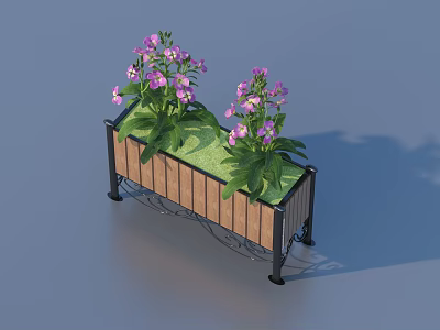 Wooden Metal Frame Flower Planter With Purple Flowers And Green Plants 3d model