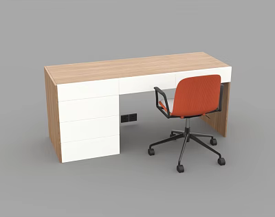 Modern Desk and Chair Combination with Wooden Tabletop White Drawers and Orange Rolling Chair 3d model