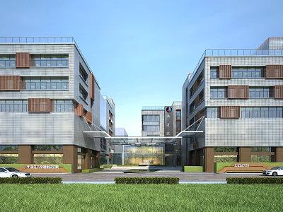 Modern Office Building Complex With Glass Facade Open Courtyard Green Lawn And Parking Space 3d model