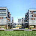 Modern Office Building Complex With Glass Facade Open Courtyard Green Lawn And Parking Space