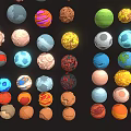 Various Colorful Planets and Celestial Models Collection with Meteoroids Different Shapes and Colors