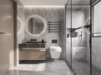Modern Bathroom Interior Design With Gray Marble Walls Round Mirror Glass Shower And Vanity 3d model