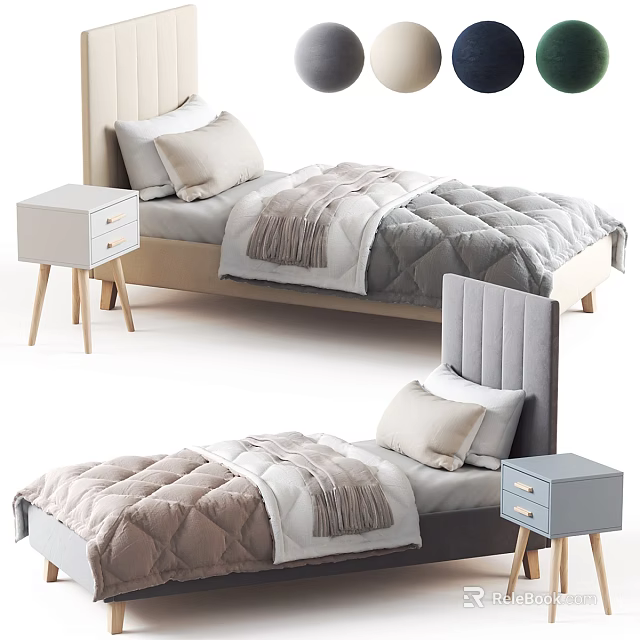 Modern Single Bed with Upholstered Headboard Color Options Nightstand Bedding and Fringe Decor 3d model 