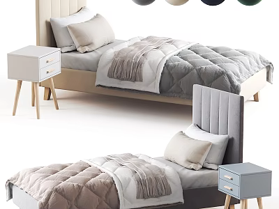 Modern Single Bed with Upholstered Headboard Color Options Nightstand Bedding and Fringe Decor 3d model