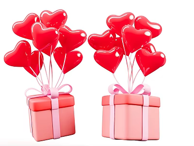 Pink Gift Boxes Decorated With Pink Bows And Red Heart Shaped Balloons 3d model