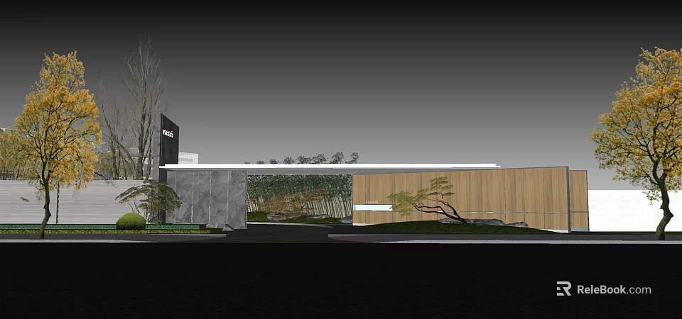 Modern Garden Landscape With Bamboo Stone Wall Wooden Structure And Green Plants 3d model 