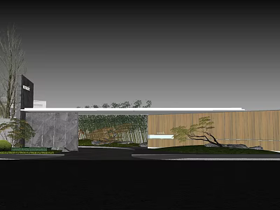 Modern Garden Landscape With Bamboo Stone Wall Wooden Structure And Green Plants 3d model
