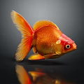 Vibrant Orange Red Goldfish With Flowing Tail Swimming On Black Background With Reflection