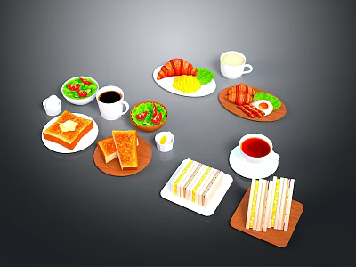 Assorted Delicious Breakfast Food With Toast Sandwiches Fried Eggs Fruit Platter Salad Coffee And Tea 3d model