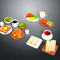 Assorted Delicious Breakfast Food With Toast Sandwiches Fried Eggs Fruit Platter Salad Coffee And Tea