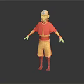 3D Animated Character With Bald Head Red Yellow Outfit And Open Arms Pose