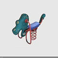 Kids Turquoise Wooden Spring Rider With Smiling Face Red Metal Frame And Blue Seat
