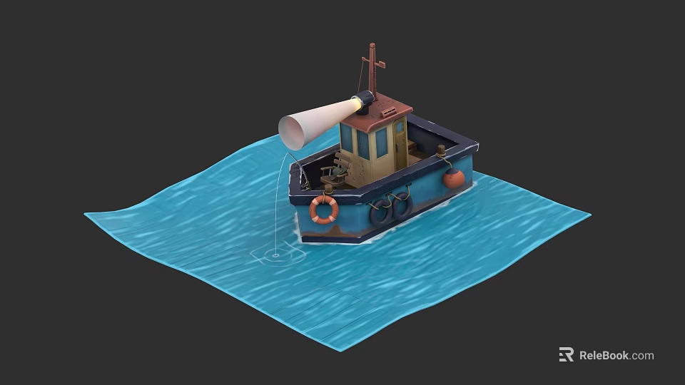 Small Blue Boat With Orange Lifebuoy And Horn Floating On Blue Waves 3d model 