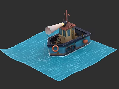 Small Blue Boat With Orange Lifebuoy And Horn Floating On Blue Waves 3d model