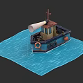 Small Blue Boat With Orange Lifebuoy And Horn Floating On Blue Waves