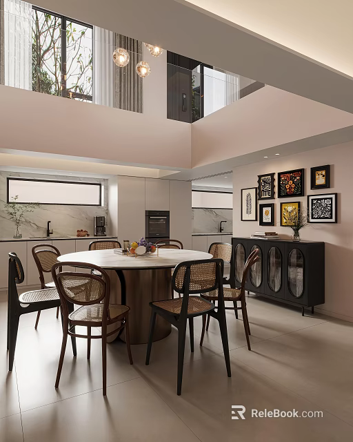 Modern Restaurant Interior With Round Dining Table Chairs Decorative Paintings And Windows 3d model 