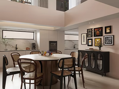 Modern Restaurant Interior With Round Dining Table Chairs Decorative Paintings And Windows 3d model