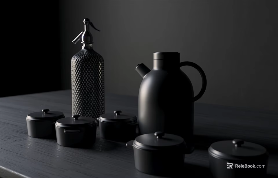 Black Ceramic Vessels Including Kettle Lidded Jars And Textured Bottle On Dark Table 3d model 