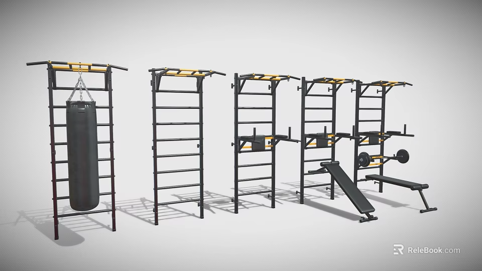 Durable Sports Equipment Set With Pull Up Bars Punching Bag And Weight Benches 3d model 