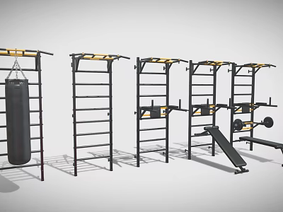 Durable Sports Equipment Set With Pull Up Bars Punching Bag And Weight Benches 3d model