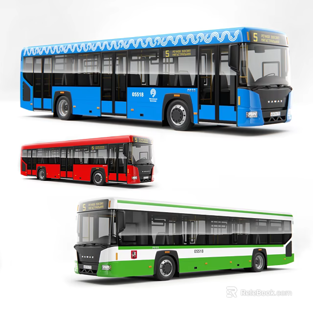 Blue Red And Green City Buses With Modern Design And Large Windows 3d model 