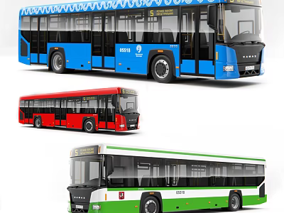 Blue Red And Green City Buses With Modern Design And Large Windows 3d model