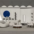 Elegant Living Room With White Curved Sofa Blue Circular Artwork And Wooden Coffee Table
