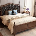 Dark Brown Leather Tufted Double Bed With Carved Headboard And Bedside Table Lamps