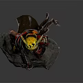 Armored Warrior With Yellow Creature Ears Holding Weapon On Stone Base