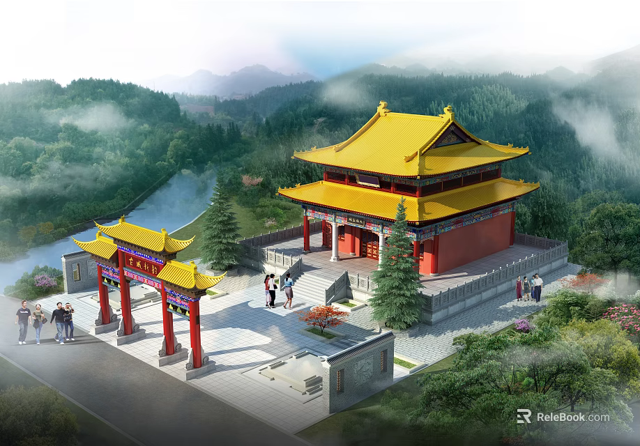 Ancient Chinese Architecture With Yellow Roof Red Walls And Traditional Gateway In Mountain Scenery 3d model 