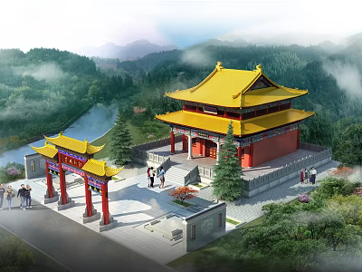 Ancient Chinese Architecture With Yellow Roof Red Walls And Traditional Gateway In Mountain Scenery 3d model