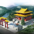 Ancient Chinese Architecture With Yellow Roof Red Walls And Traditional Gateway In Mountain Scenery