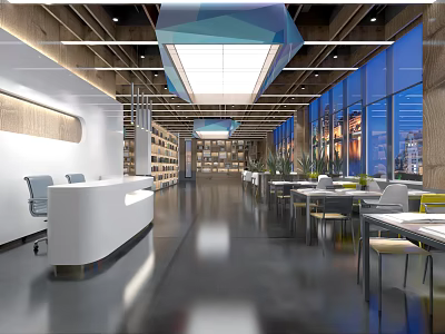 Book Art Inspired Modern Library Interior With Geometric Lighting Wooden Bookshelves And Reading Tables 3d model