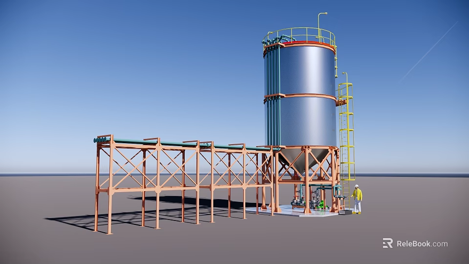 Industrial Equipment With Large Silver Storage Tank Orange Metal Framework And Ladders 3d model 