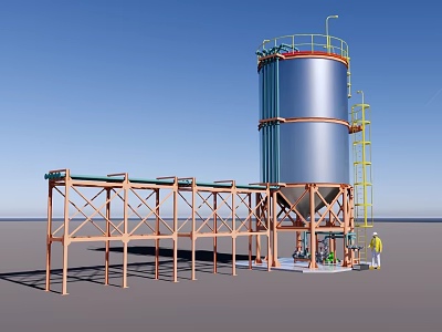Industrial Equipment With Large Silver Storage Tank Orange Metal Framework And Ladders 3d model