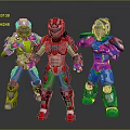 Futuristic Sci Fi Game and Movie Characters in Green Red Blue Armor with Action Poses