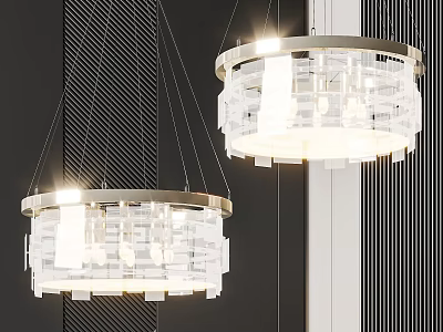 Modern Geometric Chandeliers With Circular Frame And Illuminated Glass Design Hanging Against Striped Wall 3d model